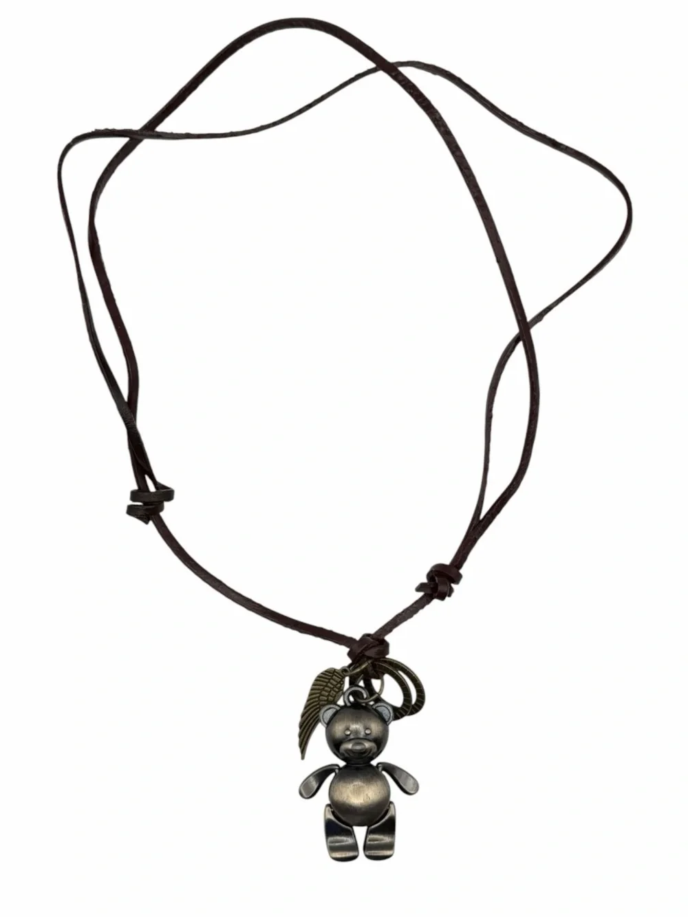 Vintage Style Teddy Bear Pendant Necklace Leather Cord Articulated Boho Charm